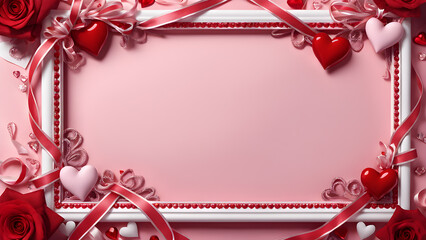 Top view scene white frame layout adorned red roses ribbon shiny heart on pink background and blank space in center composition
