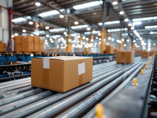 Seamless conveyor belt with cardboard packages warehouse closeup ecommerce fulfillment center delivery automation