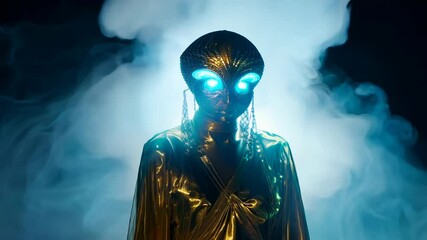 Mysterious figure in golden costume with glowing blue eyes surrounded smoke - Powered by Adobe