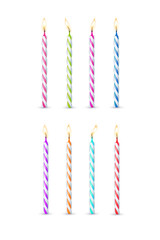 3d realistic colorful candles for birthday cake. Holiday candles with burning flames candlelight on wicks, celebration objects. Vector