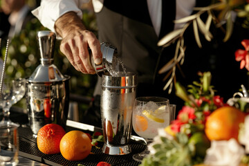 Bartender shakes cocktail per manual for event