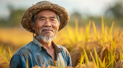 Fototapeta premium Happy rice farmer in Southeast Asia standing amidst golden rice plants ready for harvest capturing the culmination of months of hard work realistic photo, high resolution , Minimalism,