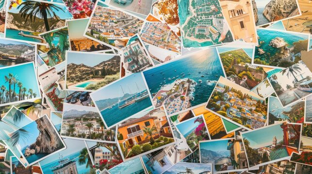 Top view of A collage of many photos. Lots of vacation travel photos.