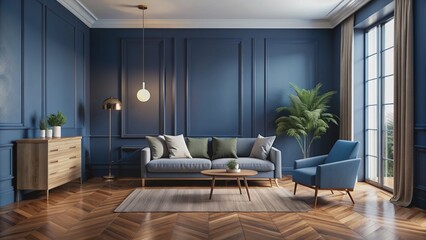 Fototapeta premium Dark blue wall dominates an empty room featuring a richly toned wooden floor with a sense of isolation and serenity.