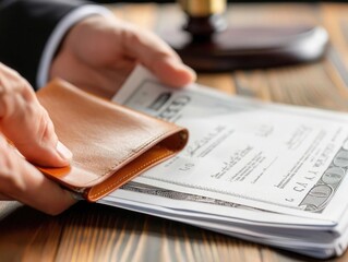 A close-up of a hand holding foreclosure papers, with an empty wallet and an auctioneer in the background, symbolizing financial stress