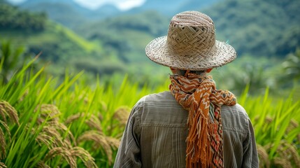 Happy farmer in Southeast Asia standing in a verdant rice field with a serene backdrop capturing the essence of traditional rice farming realistic photo, high resolution , Minimalism,