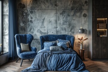 A bedroom with a blue bed, a blue chair, and a wooden nightstand. The room has a modern and sophisticated feel, with a grey wall and a grey bedspread