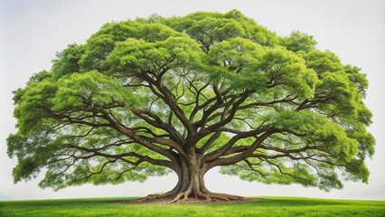 Fototapeta premium Solo majestic tree with intricate branches and lush green foliage stands proudly against a pristine white isolated background.