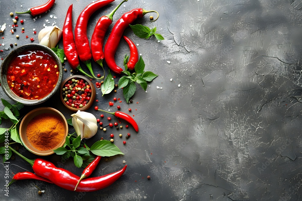 Poster vibrant array of spices and red chilies on a dark background