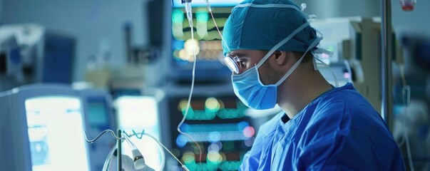 Anesthetist at work in a high-tech clinic, detailed background with emergency medical tools, focused and professional