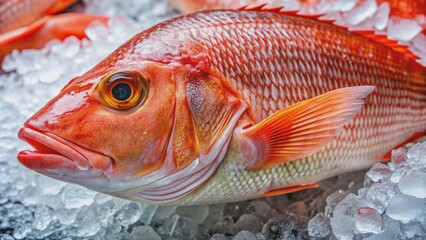 Fresh gigantic natural red snapper fish lying on ice at seafood market or restaurant with vibrant colors and glistening scales.