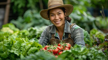 Happy farmer in Southeast Asia harvesting vegetables in a thriving garden surrounded by lush greenery capturing the joy of sustainable farming realistic photo, high resolution , Minimalism,