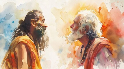 Watercolor illustration for guru purnima with a guru and disciple.