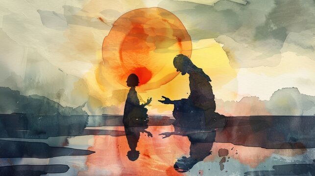 Watercolor illustration for guru purnima with a silhouette of guru blessing a disciple.