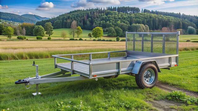 Rugged single-axle utility trailer with metal bed and wheel ideal for transporting heavy goods and equipment in rural settings outdoors.