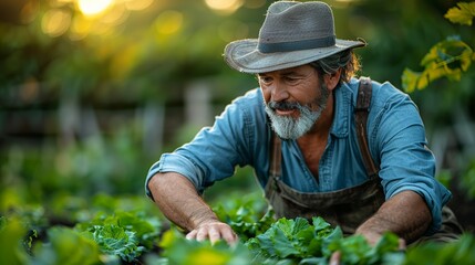 Fototapeta premium Picture of an enthusiastic farmer in Asia tending to a vegetable garden under the bright sun showing the dedication and hard work in agriculture realistic photo, high resolution , Minimalism,