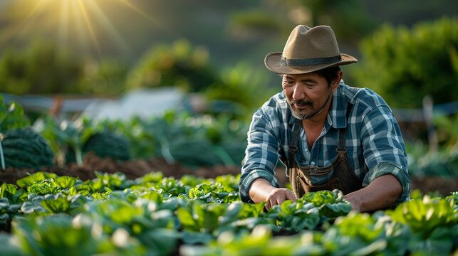 Picture of an enthusiastic farmer in Asia tending to a vegetable garden under the bright sun showing the dedication and hard work in agriculture realistic photo, high resolution , Minimalism,
