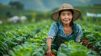 Picture of a contented farmer in Asia harvesting fresh vegetables in a vibrant garden surrounded by greenery showcasing sustainable agriculture realistic photo, high resolution , Minimalism,
