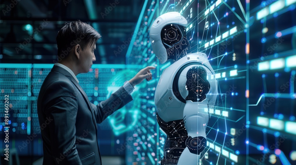 Aufkleber a businessman collaborates with ai algorithms, fostering innovation in a high-tech environment to st