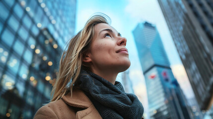 A successful businesswoman in a coat thoughtfully looks at the sky against the background of skyscrapers. A woman dreams of the future