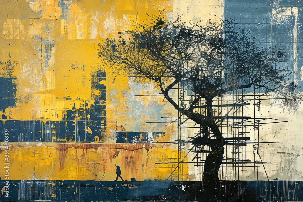 Poster a painting of a tree with a man walking in the background. the painting has a lot of texture and he 