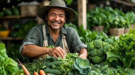 Picture of a contented farmer in Asia harvesting fresh vegetables in a vibrant garden surrounded by greenery showcasing sustainable agriculture realistic photo, high resolution , Minimalism,