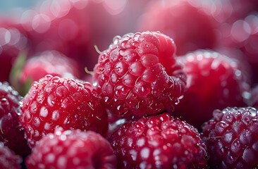 A bunch of fresh raspberries arranged neatly in a pile.