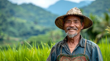 Fototapeta premium Picture of a smiling rice farmer in Asia standing in a lush paddy field with a backdrop of mountains showing the beauty of rice farming landscapes realistic photo, high resolution , Minimalism,
