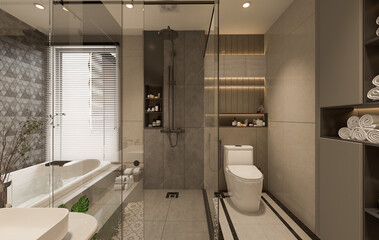 3D Rendering modern master bathroom full scene interior design.	
