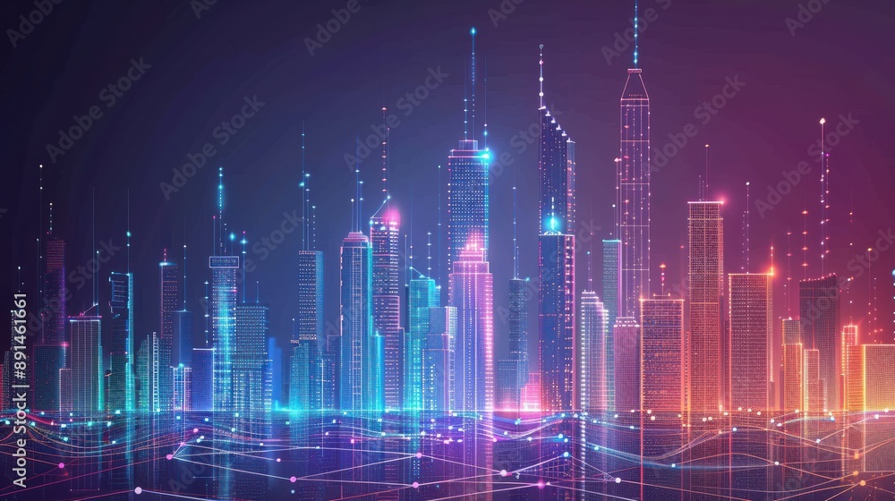Poster abstract dot point connect with gradient lines in a smart city, intricate wave line design, big data