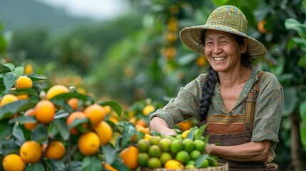 Joyful farmer in Southeast Asia picking fruits in an orchard surrounded by nature's beauty capturing the joy of a bountiful harvest realistic photo, high resolution , Minimalism,
