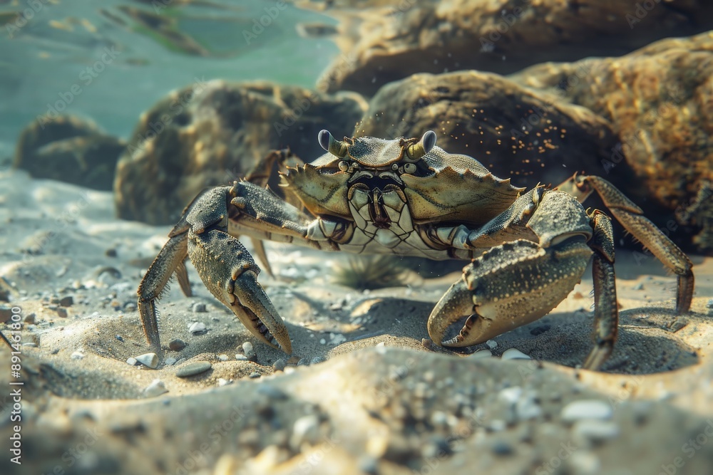 Poster large crab walking on the bottom of the seabed