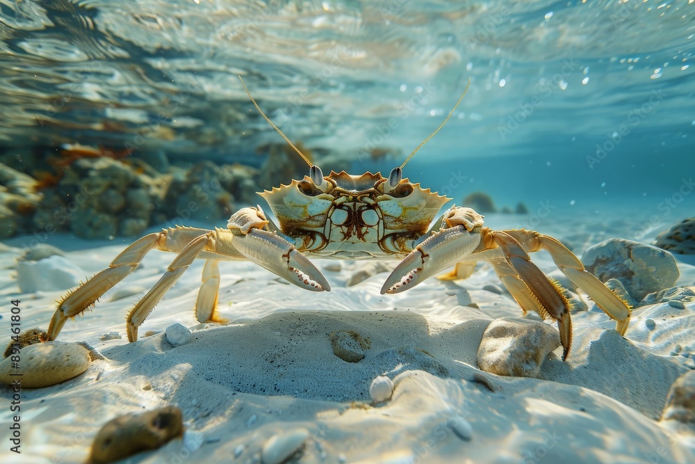 Poster large crab standing on the seabed looking at camera