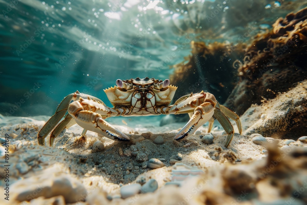 Poster crab walking on the seabed with sunrays shining through water