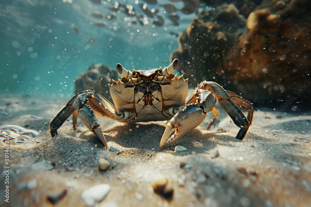 Poster large crab standing on the seabed in shallow water