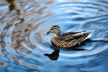 Obraz premium Female mallard duck swimming on blue water with reflection