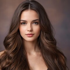 Fototapeta premium Brunette girl with long and shiny wavy hair . Beautiful model with straight hairstyle .