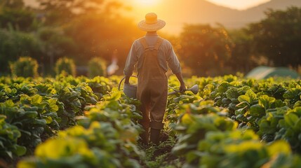 Picture of a contented farmer in Asia watering plants in a well-maintained garden under the morning sun highlighting dedication to organic farming realistic photo, high resolution , Minimalism,