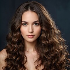 Naklejka premium Brunette girl with long and shiny wavy hair . Beautiful model with curly hairstyle .