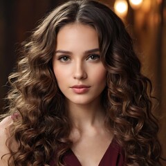 Naklejka premium Brunette girl with long and shiny wavy hair . Beautiful model with curly hairstyle .