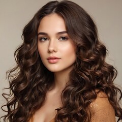 Naklejka premium Brunette girl with long and shiny wavy hair . Beautiful model with curly hairstyle .