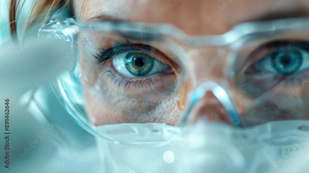 Poster this image captures gloved hands of a scientist working with various laboratory tools and equipment,