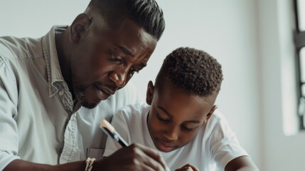 Fototapeta premium Supportive Father and Son: Patience and Learning in Homework Assistance on Grey Background