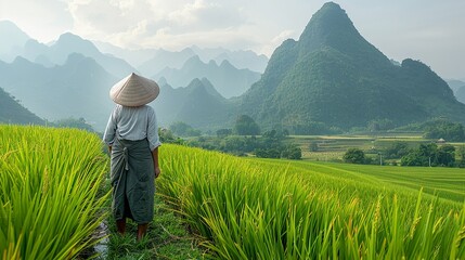 Fototapeta premium Happy rice farmer in Asia standing knee-deep in a verdant paddy field with a backdrop of majestic mountains emphasizing traditional rice cultivation realistic photo, high resolution , Minimalism,