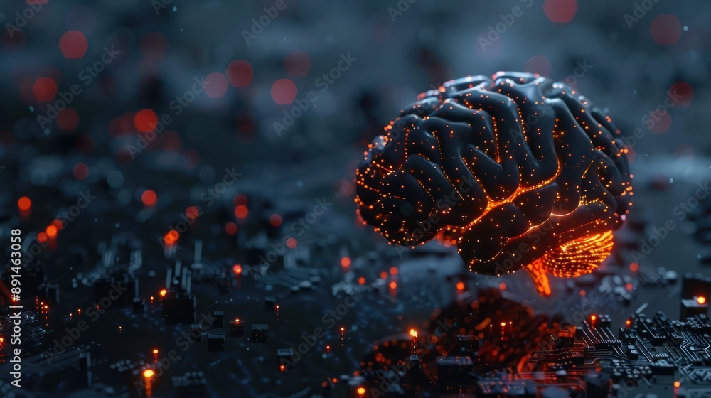 Poster big data and artificial intelligence concept. human brain glowing from processor, symbolizing the fu