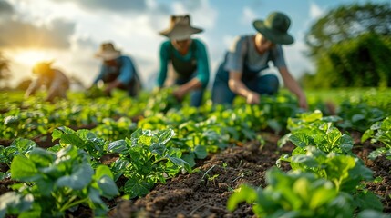 Joyful farmers in Asia working together in a vegetable garden under a bright sky showing the community spirit and cooperation in farming realistic photo, high resolution , Minimalism,