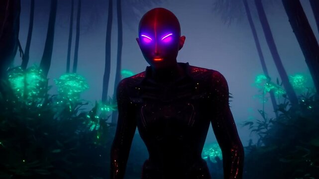 Mysterious alien encounter in neon-lit