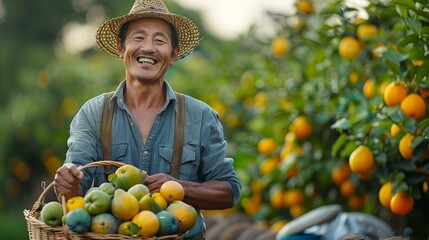 Picture of a smiling Asian farmer carrying a basket full of freshly harvested fruits in a vibrant orchard highlighting the rewards of hard work realistic photo, high resolution , Minimalism,