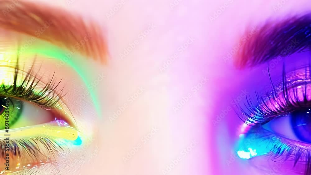 Poster As the camera zooms in on a models lashes they appear to be coated in colorful strokes of light adding a dreamy and ethereal quality to the shot.