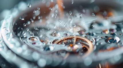 An artistic, dynamic image capturing a watch mechanism in action with splashes of liquid, highlighting the intricate gears and components of the timepiece in motion.